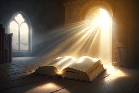 Holy Bible. Sacred ancient book illuminated by miracle of light. Faith and religion concept. Generative AI.の素材