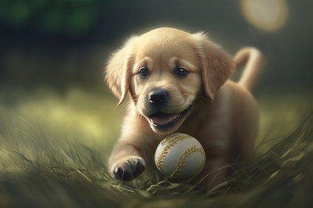 Cute puppy playing with ball outdoors. Purebred dog running after toy on green grass. animal generative ai illustration.の素材