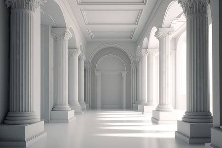 White empty hall with columns. Minimalistic interior space in a classic style, indoors. creative generative ai.の素材