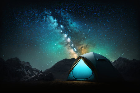 Luminous camping tent in mountains at night, starry sky. Concept hike, journey. Generative AI.の素材