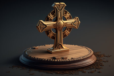 Holy symbol of faith, hope and religion, decorated cross on wooden platform. Generative AI.の素材