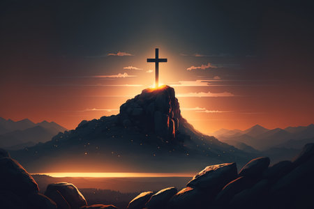 Silhouette of a holy symbol of faith and hope. Sacred ancient religious cross on the mountain at sunset. Generative ai illustration.の素材