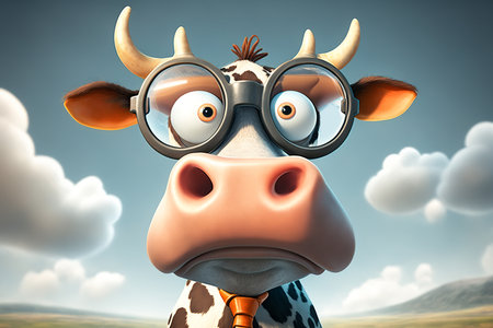 Cow with glasses with surprised expression and big eyes, cartoon comic illustration of cattle outdoors. Generative AI.の素材