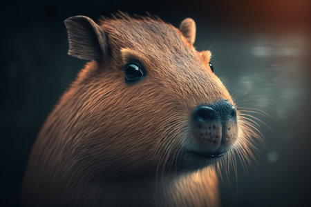 Portrait of a cute capybara, a funny semi-aquatic herbivore mammal. Illustration created by generative ai.の素材