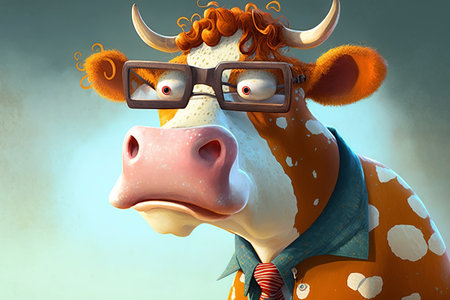 Funny spotted curly surprised cow with glasses, cattle cartoon illustration. Generative AI.の素材