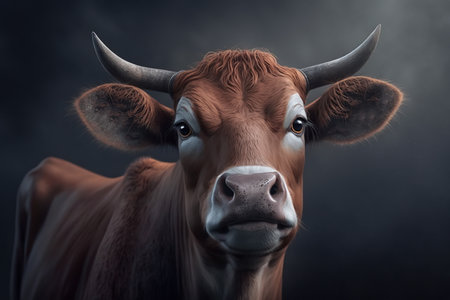 Portrait of cattle brown cow. Generative AI.の素材