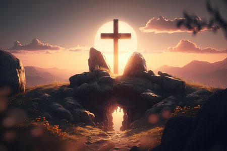 Silhouette sacred ancient religious cross on stones in mountains. Holy symbol of faith and hope. Generative ai illustration.の素材