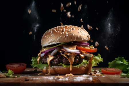 Freshly cooked classic fast food burger. Close-up of hamburger with cutlet, vegetables and sauce. Generative AI.の素材