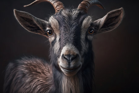 goat. Studio portrait of domestic cattle animal looking at camera. Generative AI.の素材