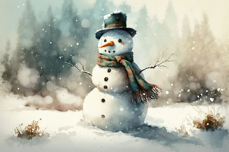 Decorated snowman on winter snowy day outdoors. Watercolor christmas illustration, generative ai.の素材