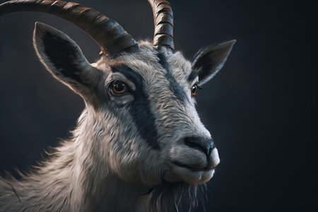 Close-up gray goat with horns outdoors. Animal portrait of farm cattle. Generative AI.の素材