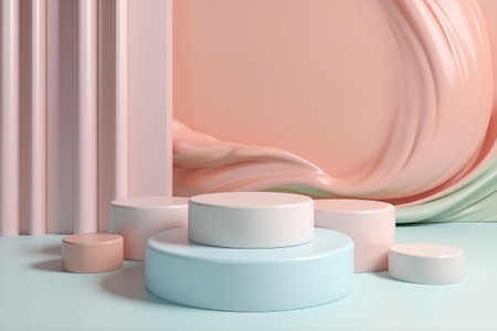 Low round platforms with space for advertising, geometric design in pastel palette. Pedestals, podiums generative AI.の素材