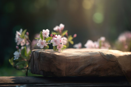 Rough wooden empty podium with flowering branch on spring sunny day outdoors. Close up, soft focus. Generative AI.の素材