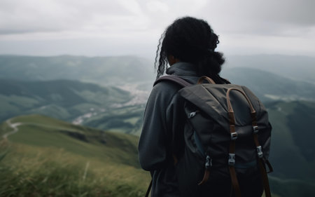 Unrecognizable black female traveler with backpack walking on top of hill in mountains, rear view. Hike, travel, active lifestyle, tourism, trip concept. Generative AI.の素材