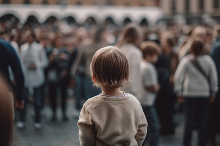 Rear view of a lonely child in a crowd of people outdoors. Close-up of lost scared little boy on street. Generative AI.の素材