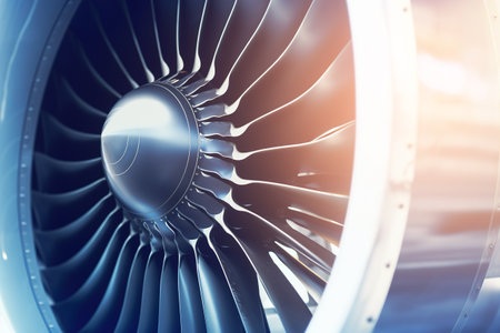 Shiny steel aircraft engine outdoors, fan turbine close-up. Generative AI.の素材