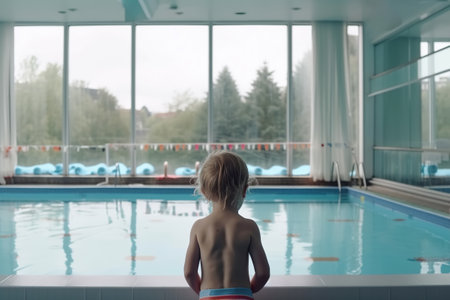 Rear view of an unrecognizable cute baby little boy in swimming trunks standing in pool near water. Children's swimming training. Generative AI.の素材