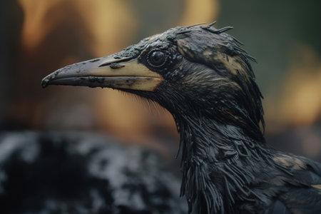 Ecological disaster, pollution and trouble of wild life. Close-up dirty bird in oil and fuel outdoors. Generative AI.の素材