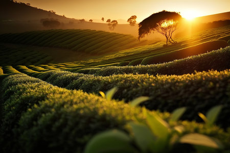 Tea plantation hills. Rows of fresh green tea bushes on farm at sunset. Generative AI.の素材