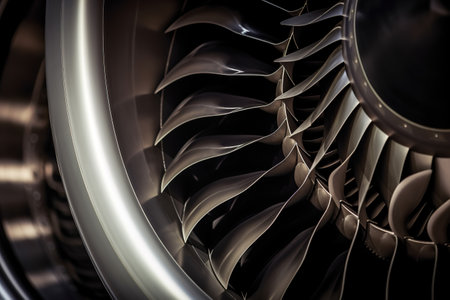 Close-up of fan blade of steel aircraft engine turbine. Generative AI.の素材