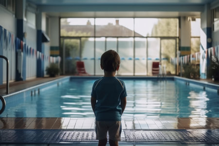 Rear view of an unrecognizable child standing in the pool against the background of water. Afraid little boy, hydrophobia concept. Generative AI.の素材