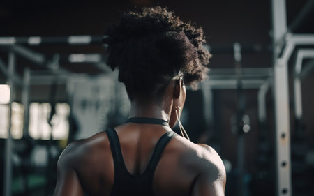 Beautiful black woman athlete in gym, slim muscular sportswoman in training indoors back view. Generative AI.の素材