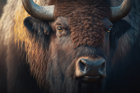 Bison, close-up muzzle of horned artiodactyl animal. Generative AI.の素材