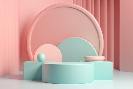 Trend podium, empty platform for advertising, minimalistic geometric design. Round pedestal in pastel palette, pink and blue. Generative AI.の素材