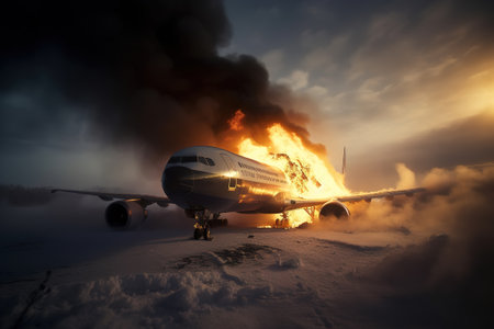 Burning flame passenger plane on in snowy field on winter day. air crash. Generative AI.の素材