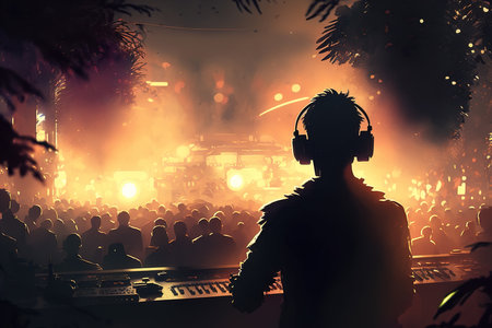Disco music festival. Illustration silhouette of people and dj wearing headphones playing music at an outdoor event. Generative AI.の素材