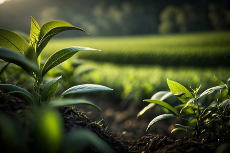 Close-up of fresh green tea leaves outdoors. tea plantation. Generative AI.の素材