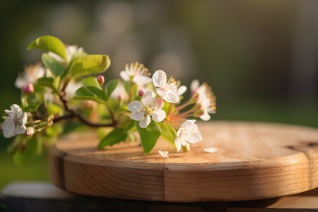Wooden podium with flowering branch in garden on spring sunny day outdoors. Close up, soft focus. Generative AI.の素材