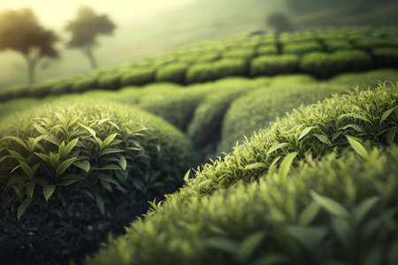 tea plantation. Close-up of green fresh tea bush outdoors. Generative AI.の素材