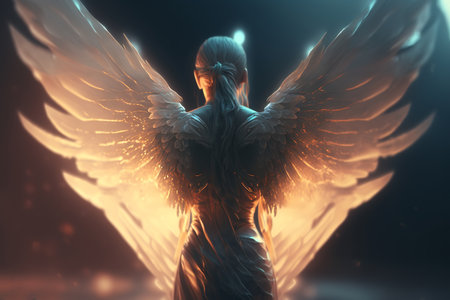Angel, rear view of mystical blond woman in dress and with wings. Fantasy illustration, Generative AI.の素材