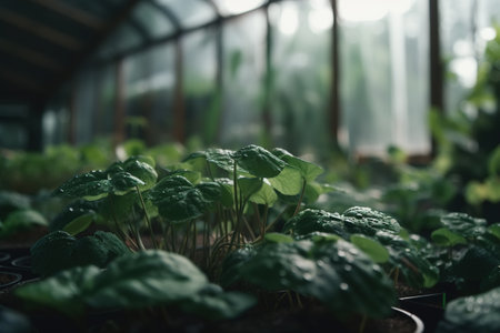 Close-up of plant in greenhouse, growing seeds with water drops. Farming, cultivation, agriculture and gardening concept. Generative AI.の素材