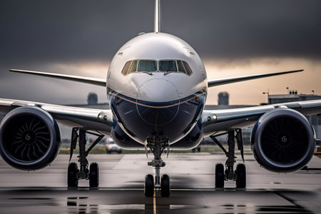 Plane travel on runway of airport. Close-up of civil aviation passenger transport, front view. Generative AI.の素材