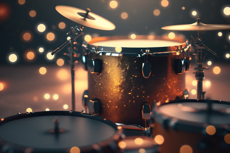 Drum set, glitter and bokeh effects. Generative AI illustration.の素材