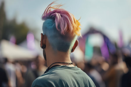 Modern hipster guy with trendy multicolored hairstyle at outdoor festival. Rear view, close-up. Youth culture and lifestyle. Generative AI.の素材