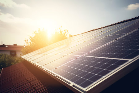 Solar panel battery on roof of house on sunny clear day. Close-up alternative renewable energy source, selective focus. Generative AI.の素材