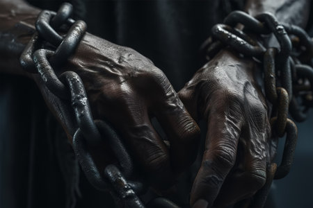 Black working male hands of a slave in chains, close-up. Slavery, arrest, violence concept. Generative AI.の素材