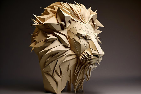 Side view lion head model made of paper, origami animal predator. Polygonal image, Generative AI.の素材