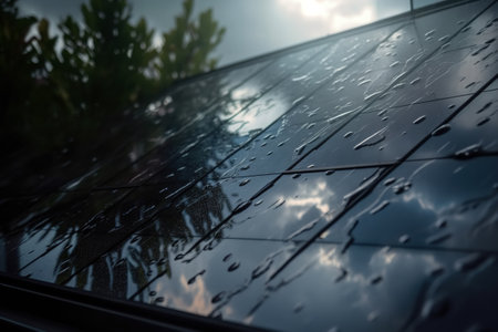 Wet solar panel battery on cloudy rainy day. Close-up alternative renewable energy source, selective focus. Generative AI.の素材