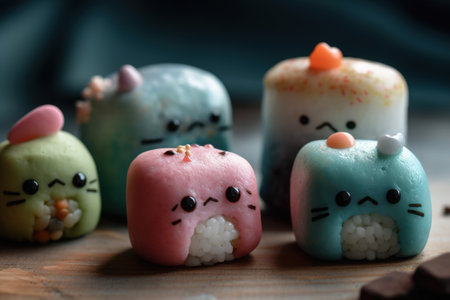Sushi kawaii. Close-up of traditional japanese food rolls with cute characters. Generative AI.の素材