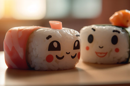 Sushi, food of traditional japanese food in kawaii style close-up. Generative AI.の素材