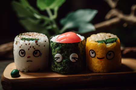 Set of kawaii sushi, traditional japanese cuisine food with cute characters on wooden board, closeup. Generative AI.の素材