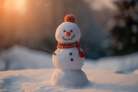 Little cute smiling snowman in hat, scarf on winter sunny evening outdoors. Christmas and Happy New Year season concept. Generative AI.の素材
