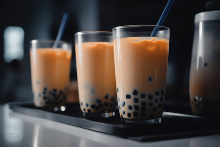 Cold bubble tea in glass cup with straw in cafe, close-up. Refreshing drink. Generative AI.の素材
