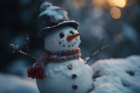 Smiling little snowman on winter evening outdoors. Generative AI.の素材