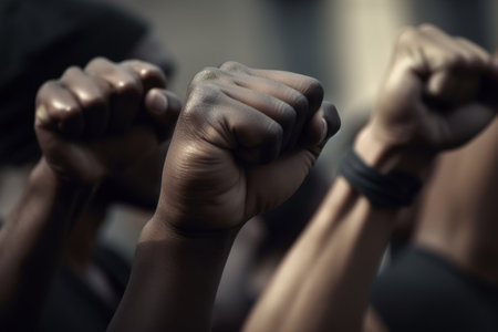 Juneteenth, Black Lives Matter concept. Close-up black hands fists raised up in protest, rally, demonstration, fight for rights. Generative AI.の素材