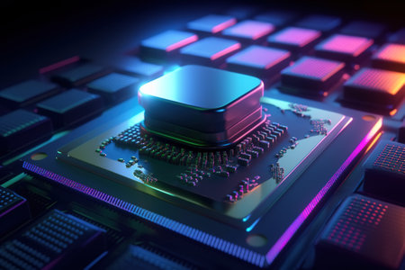 Computer processor and microchips in motherboard, modern pc technology. Close-up, selective focus, neon light. Generative AI.の素材